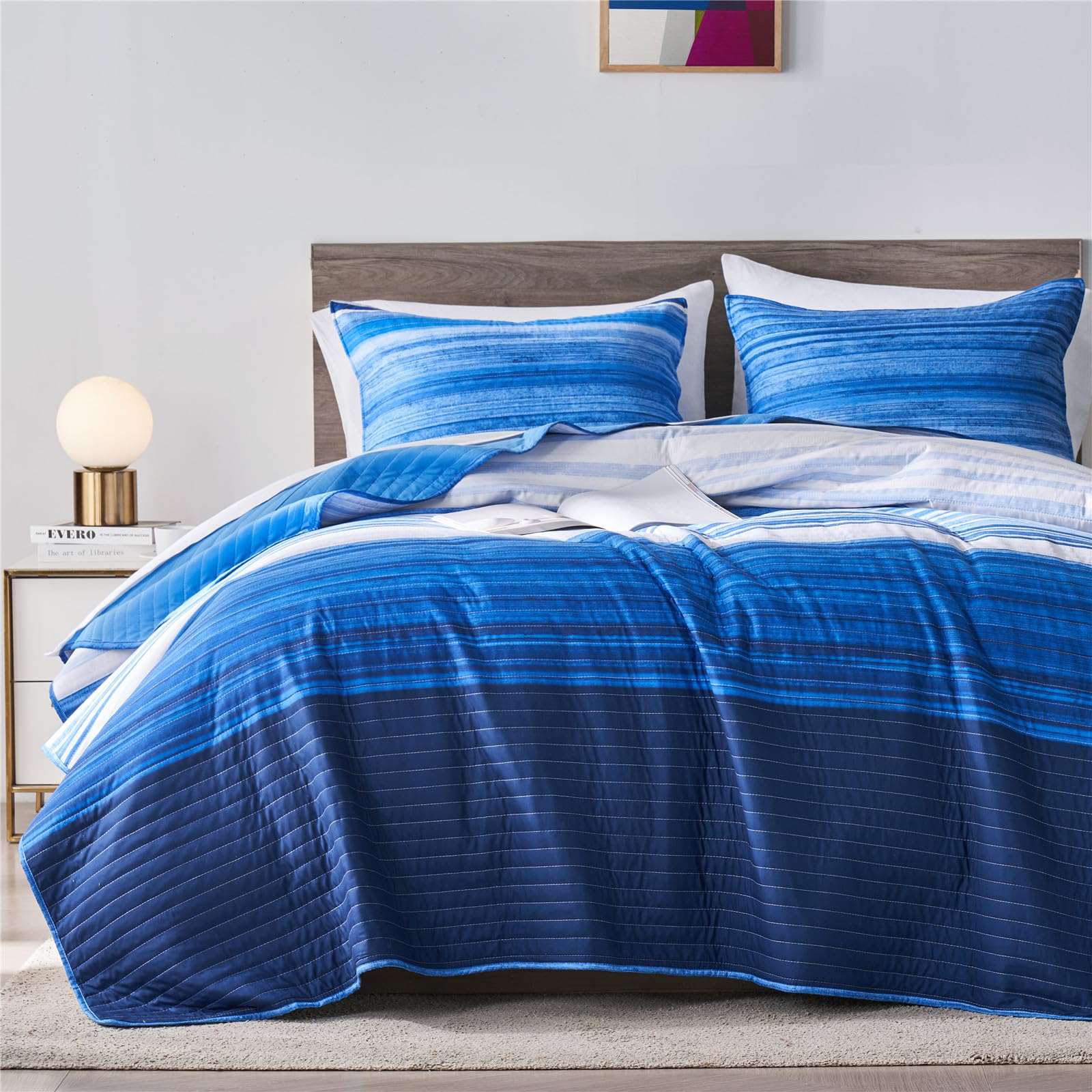 Kakijumn Twin Quilt Bedding Set, White And Blue Patchwork Striped Quilt Set, 2 Pieces Soft Lightweight Bedspread Coverlet Set Wi
